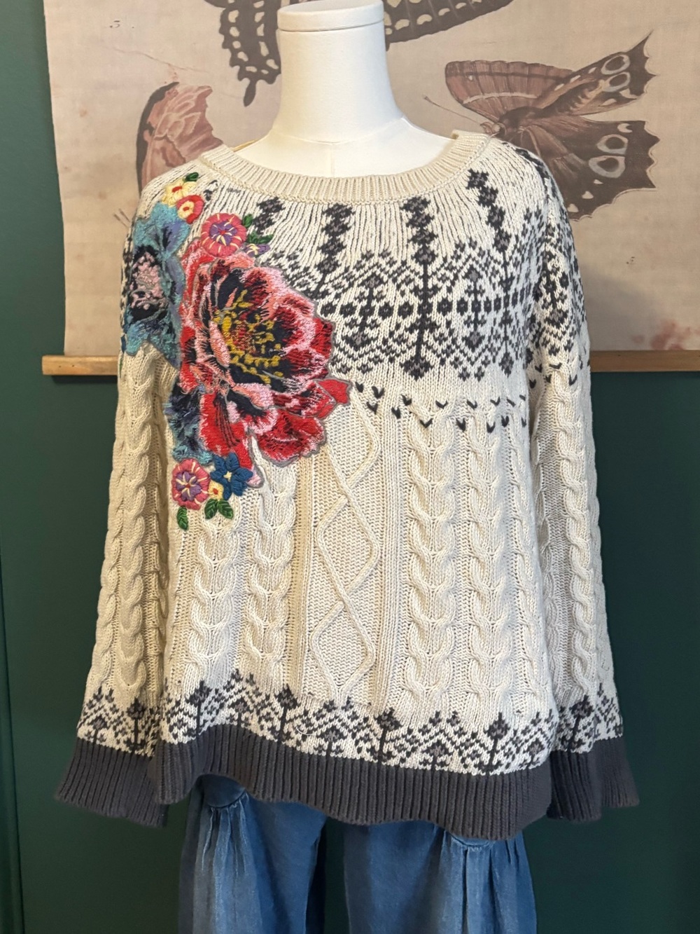 Anthropologie embroidered Fair Isle sweater size L